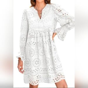 DOKOTOO White Eyelet Long Sleeve Mini Dress